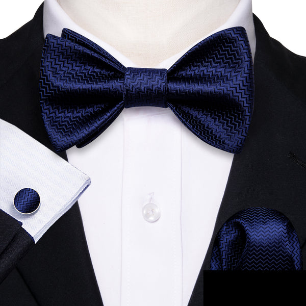 Navy Blue Novelty Self-tied Bow Tie Pocket Square Cufflinks Set
