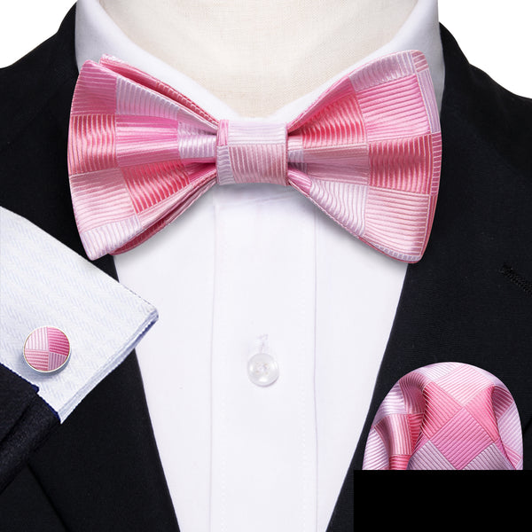 Pink White Plaid Self-tied Bow Tie Pocket Square Cufflinks Set