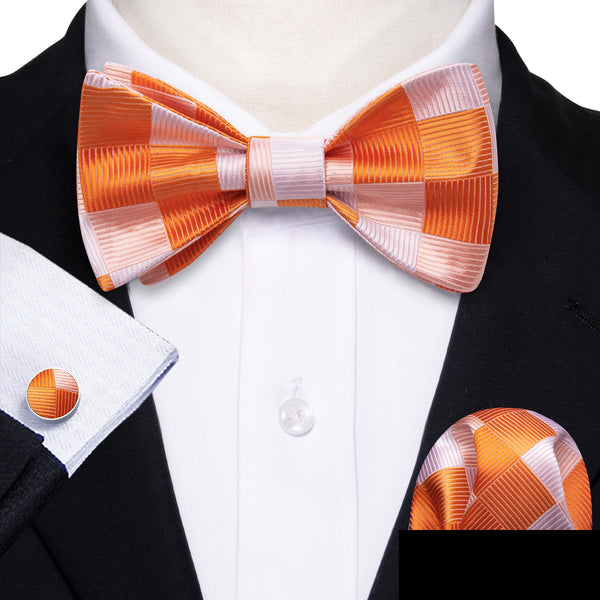 Orange White Plaid Self-tied Bow Tie Pocket Square Cufflinks Set