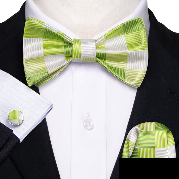 Green White Plaid Self-tied Bow Tie Pocket Square Cufflinks Set