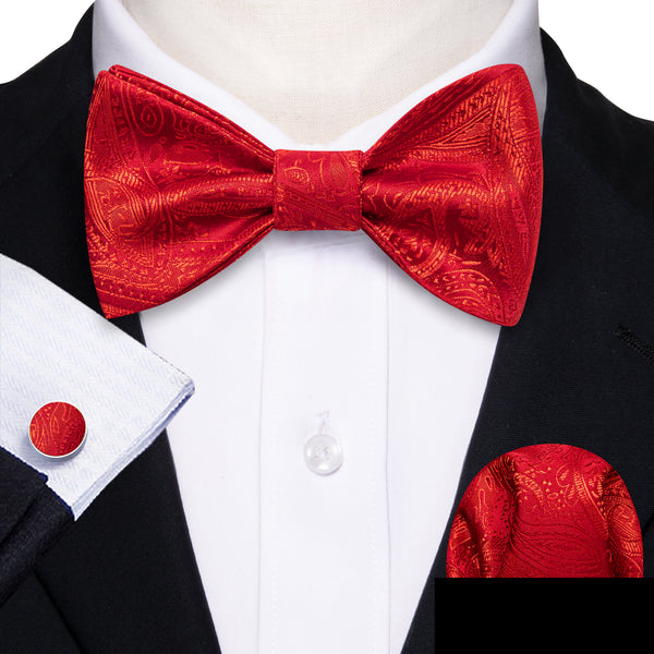 Red Gold Paisley Self-tied Bow Tie Pocket Square Cufflinks Set