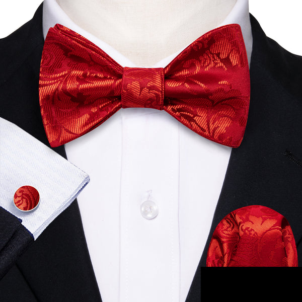 Red Gold Floral Self-tied Bow Tie Pocket Square Cufflinks Set
