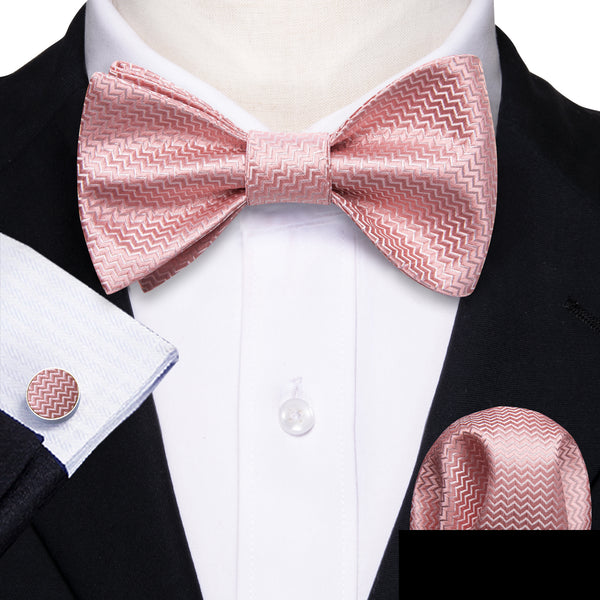 Rose Pink Novelty Self-tied Bow Tie Pocket Square Cufflinks Set