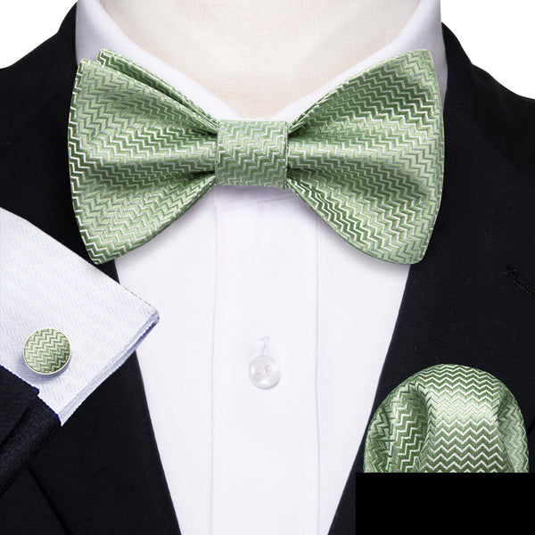 Avocado Green Novelty Self-tied Bow Tie Pocket Square Cufflinks Set