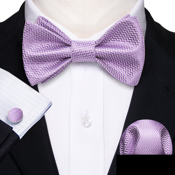 Purple Novelty Self-tied Bow Tie Pocket Square Cufflinks Set