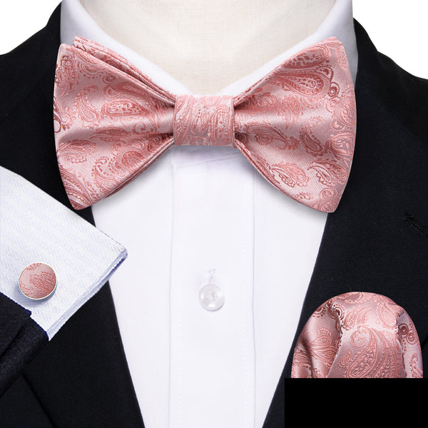 Rose Pink Paisley Self-tied Bow Tie Pocket Square Cufflinks Set