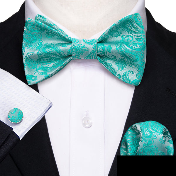 Aqua Green Paisley Self-tied Bow Tie Pocket Square Cufflinks Set