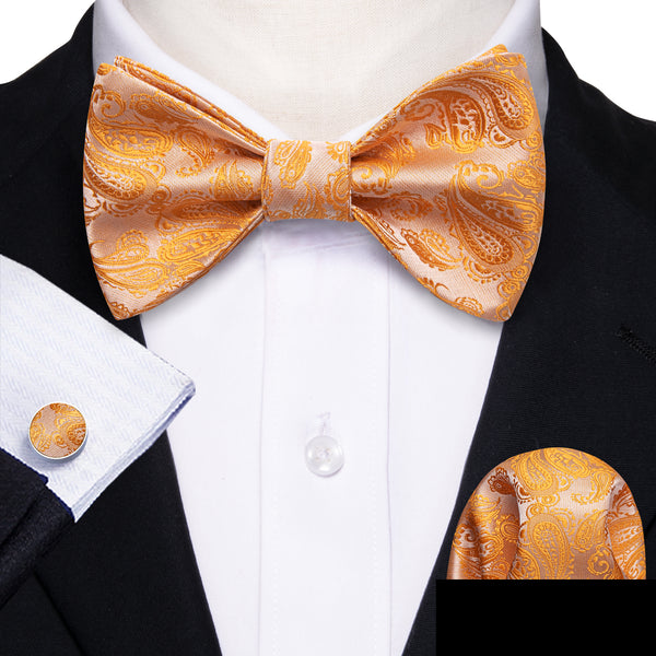 Light Orange Paisley Self-tied Bow Tie Pocket Square Cufflinks Set