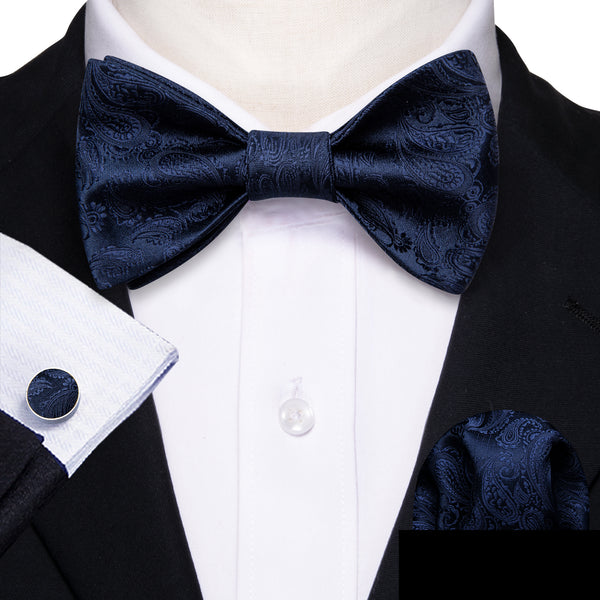 Navy Blue Paisley Self-tied Bow Tie Pocket Square Cufflinks Set