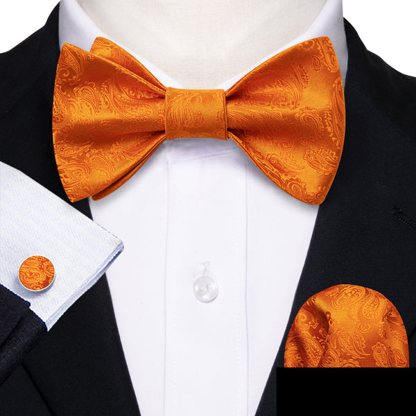 Orange Paisley Self-tied Bow Tie Pocket Square Cufflinks Set
