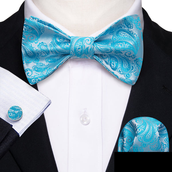 Blue Paisley Self-tied Bow Tie Pocket Square Cufflinks Set