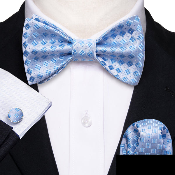 Baby Blue Plaid Self-tied Bow Tie Pocket Square Cufflinks Set
