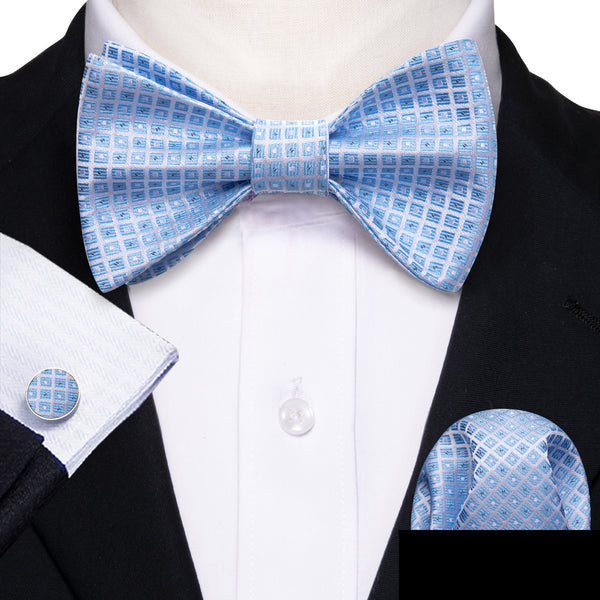 Blue Black Novelty Self-tied Bow Tie Pocket Square Cufflinks Set