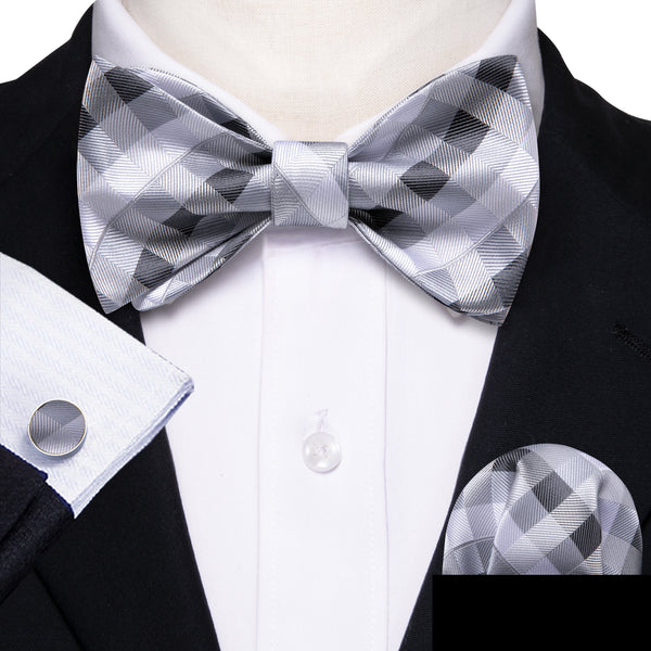 White Grey Plaid Self-tied Bow Tie Hanky Cufflinks Set
