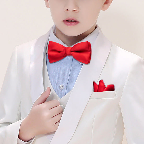 Children Red Solid Silk Pre-tied Bow Tie Pocket Square Set