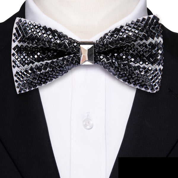 Ties2you Black Tie Rhinestone With White Imitated Crystal Men's Pre-Tied Bowtie For Party