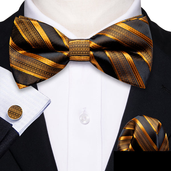 Black Golden Striped Men Pre-tied Bow Tie Hanky Cufflinks Set