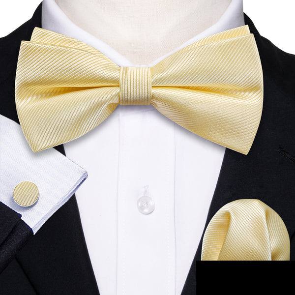 Cream Yellow Solid Men's Pre-tied Bowtie Pocket Square Cufflinks Set