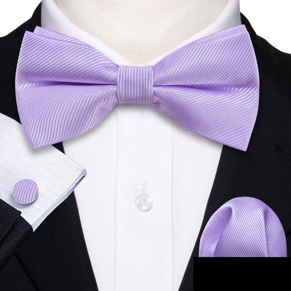 Baby Purple Solid Men's Pre-tied Bowtie Pocket Square Cufflinks Set