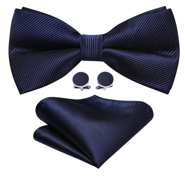 Dark Blue Solid Men's Silk Pre-tied Bowtie Pocket Square Cufflinks Set