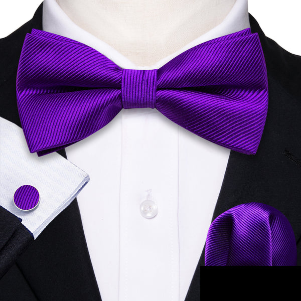 Ties2you Dark Purple Tie Solid Men's Pre-Tied Bow Tie Pocket Square Cufflinks Set