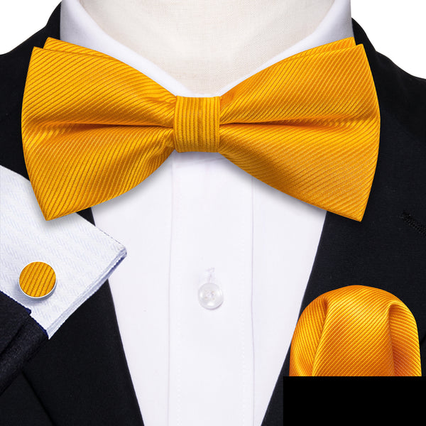 Gold Yellow Solid Men's Pre-tied Bowtie Pocket Square Cufflinks Set