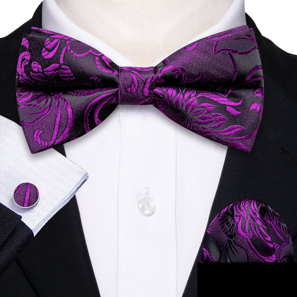 Purple Black Floral Men's Pre-tied Bowtie Pocket Square Cufflinks Set