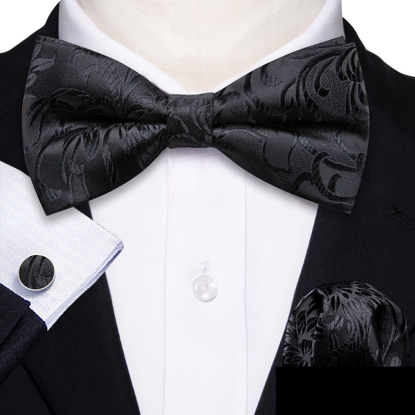 Black Floral Men's Pre-tied Bowtie Pocket Square Cufflinks Set