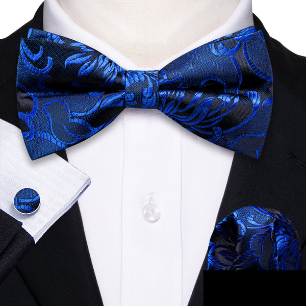 Ties2you Blue Tie Sapphirine Black Floral Men's Pre-Tied Bowtie Pocket Square Cufflinks Set Fashion