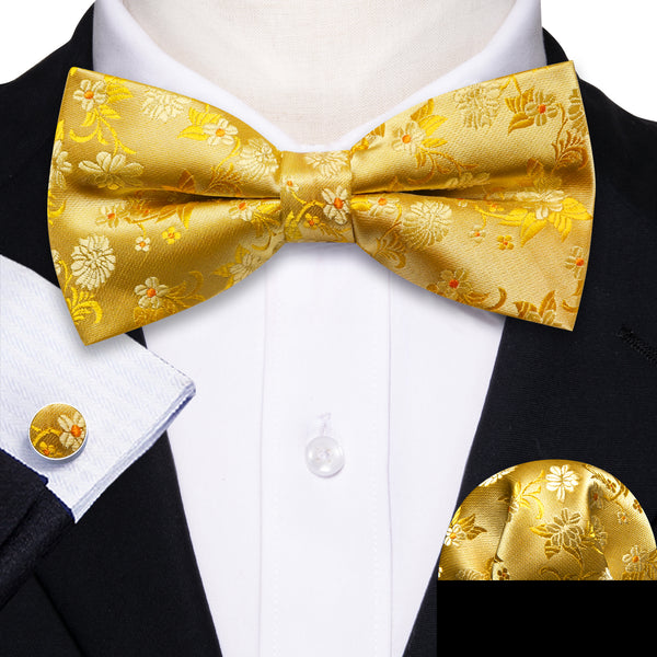 Gold Floral Men's Pre-tied Bowtie Pocket Square Cufflinks Set