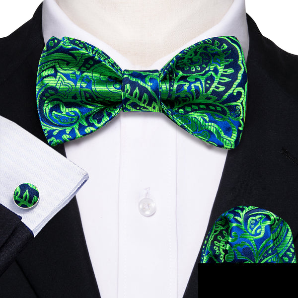 Ties2you Green Tie Paisley Self-Bow Tie Hanky Cufflinks Set for Men
