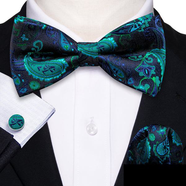 Ties2you Teal Blue Paisley Bowtie Pre-tied Tuxedo Bow Tie Handkerchief Cufflinks Set