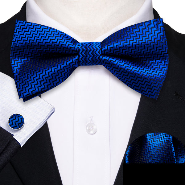 Sapphirine Blue Novelty Men's Pre-tied Bowtie Pocket Square Cufflinks Set