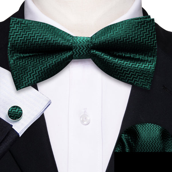 Dark Green Novelty Men's Pre-tied Bowtie Pocket Square Cufflinks Set