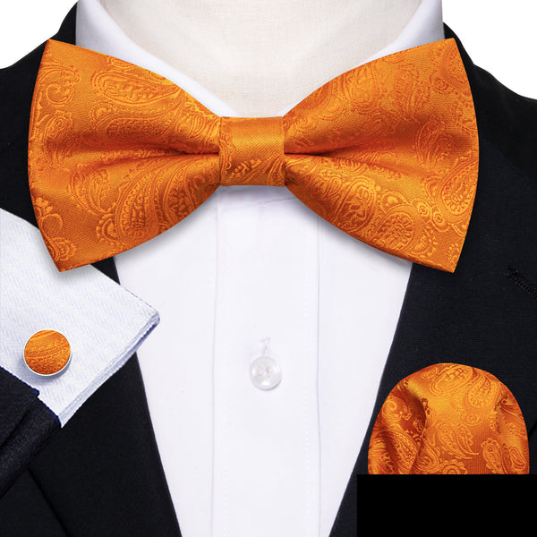 Orange Paisley Men's Pre-tied Bowtie Pocket Square Cufflinks Set