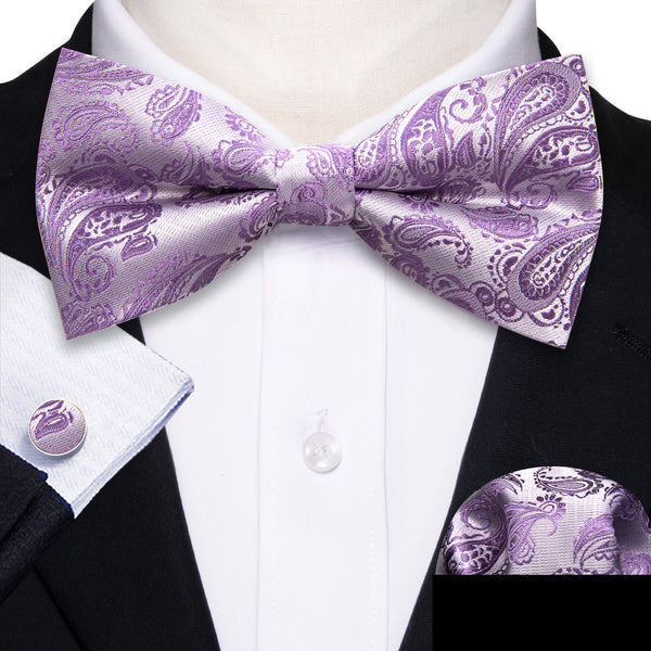 Ties2you Men's Paisley Lavender Bow Tie Wedding Pre-tied Bowtie Handkerchief Cufflinks Set