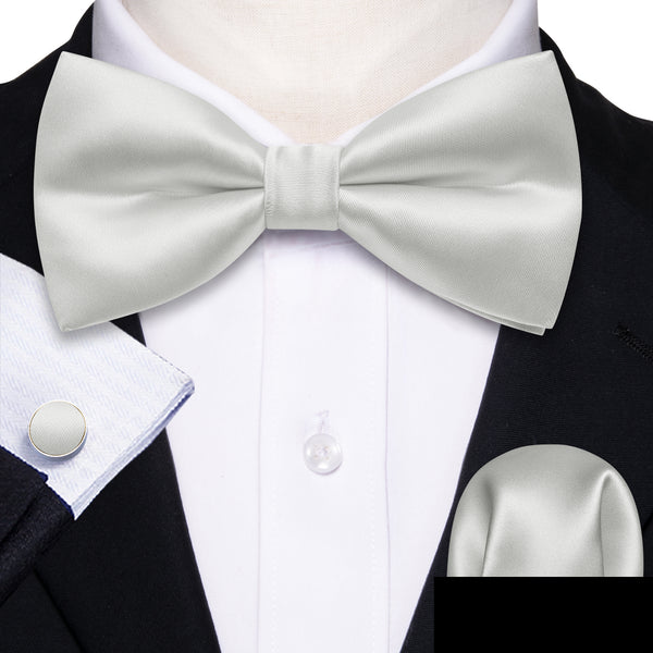Ivory White Solid Men's Pre-tied Bowtie Pocket Square Cufflinks Set