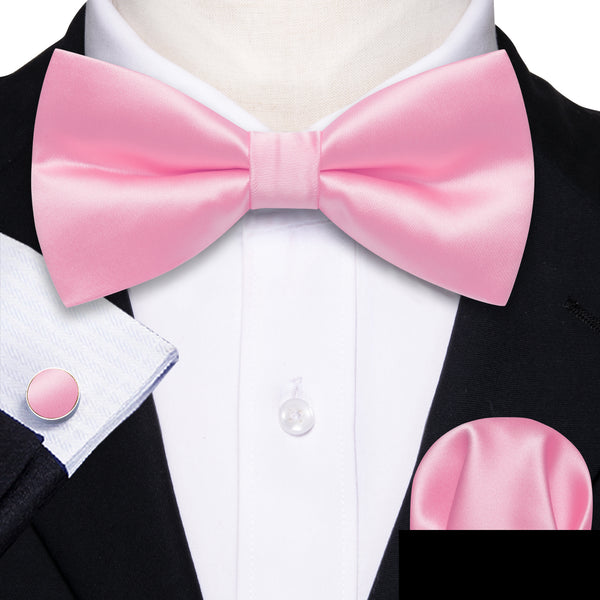 Baby Pink Solid Men's Pre-tied Bowtie Pocket Square Cufflinks Set