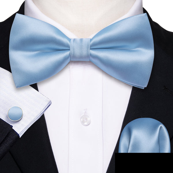 Baby Blue Solid Men's Pre-tied Bowtie Pocket Square Cufflinks Set