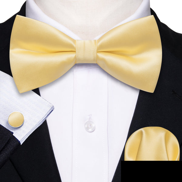 Cheese Yellow Solid Men's Pre-tied Bowtie Pocket Square Cufflinks Set