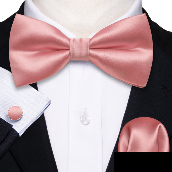 Rose Pink Solid Men's Pre-tied Bowtie Pocket Square Cufflinks Set