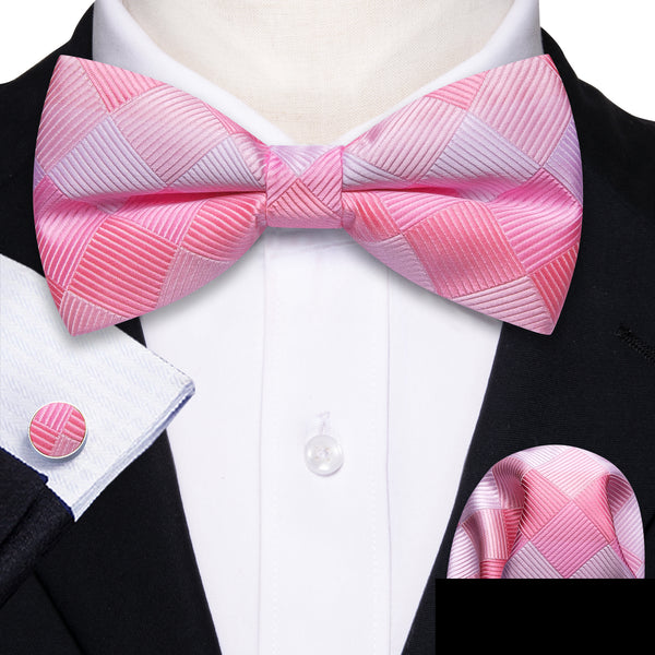 Pink White Plaid Men's Pre-tied Bowtie Pocket Square Cufflinks Set