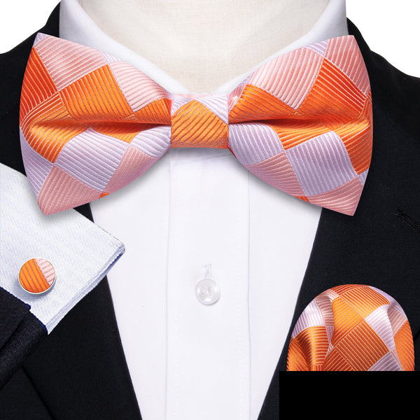 Orange White Plaid Men's Pre-tied Bowtie Pocket Square Cufflinks Set