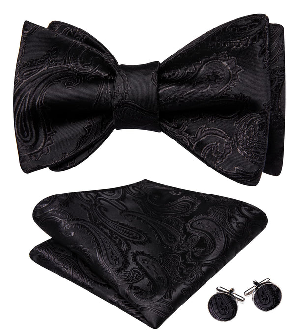mens silk black plaid self-tied bow ties handkerchief cufflinks set for business suit