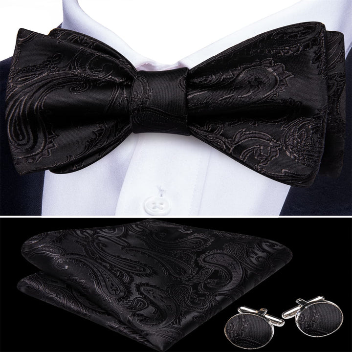 silk mens paisley black bow ties handkerchief cufflinks set