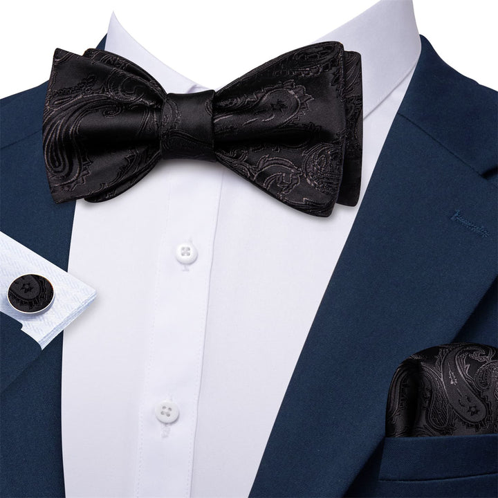silk paisley mens black bow tie handkerchief cufflinks set for navy suit