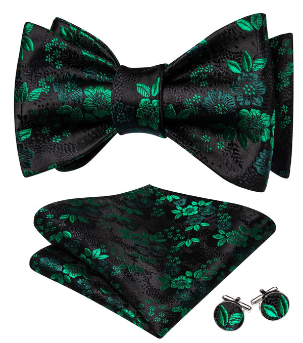 fashion mens silk floral black green bow tie handkerchief cufflinks set for wedding