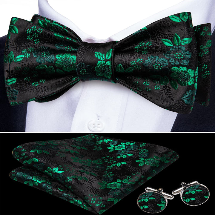 black tuxedo with bow tie of black green men silk floral bow tie set