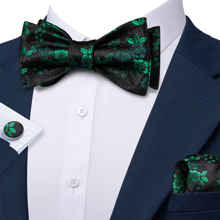 fashion mens silk floral green bow ties handkerchief cufflinks set for navy suit