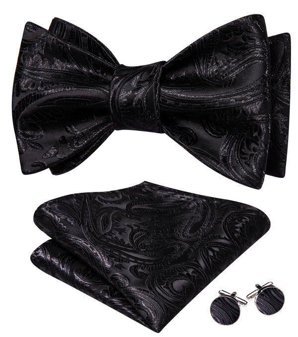 hot selling black floral bow tie pocket square cufflinks set